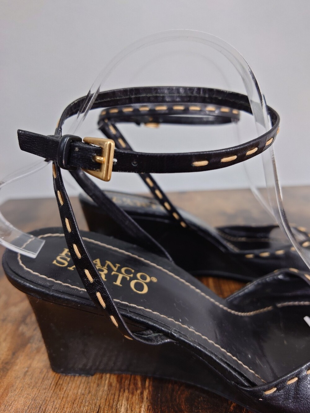 Franco Sarto Black Leather Ankle Strap Wedge Sandals Size 10 - Picture 2 of 5